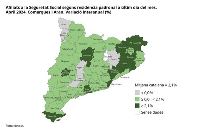 Evolución de la afiliación a la Seguridad Social en las comarcas catalanas en abril de 2024.