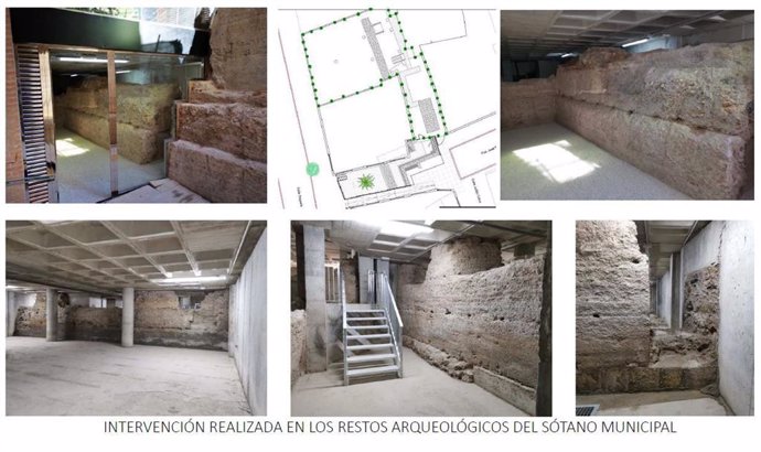 Imégenes de los restos arqueológicos de la muralla medieval situada en la calle Sagasta