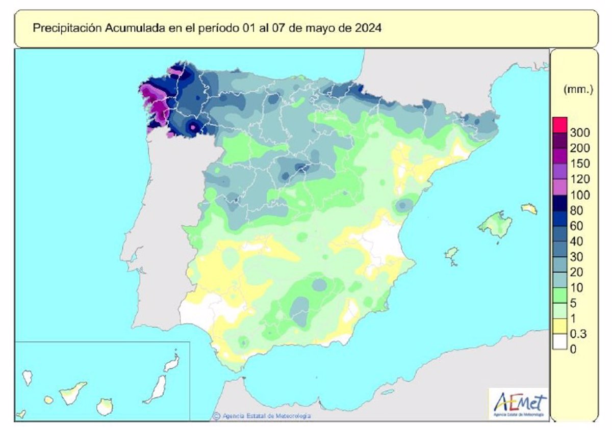 Las lluvias acumuladas desde octubre en España se mantienen en un 7% por encima de su valor normal