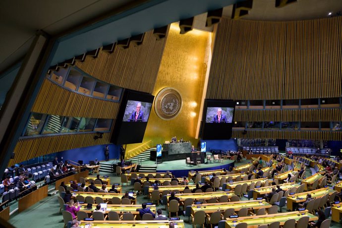UNITED NATIONS, April 16, 2024  -- The opening for the first United Nations (UN) General Assembly Sustainability Week is held at the UN headquarters in New York, on April 15, 2024. UN Secretary-General Antonio Guterres on Monday called for the "wholesale 