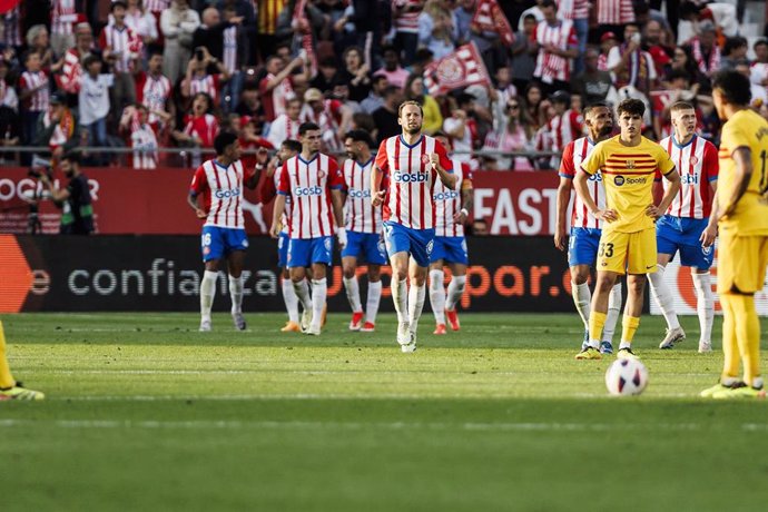 Daley Blind of Girona FC celebrates a goal sored by Cristian Portugues Portu of Girona FC during the Spanish league, La Liga EA Sports, football match played between Girona FC and FC Barcelona at Estadio de Montilivi on May 04, 2024 in Girona, Spain.