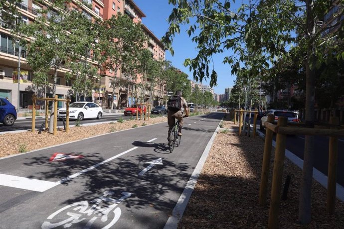 El nuevo carril bici de la avenida Meridiana de Barcelona.
