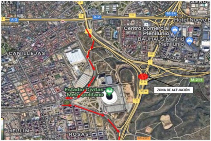 Afectaciones al tráfico en el enlace de la M-40, M-14 y M-21 por las obras de mejora de los accesos en el entorno del estadio Cívitas Metropolitano