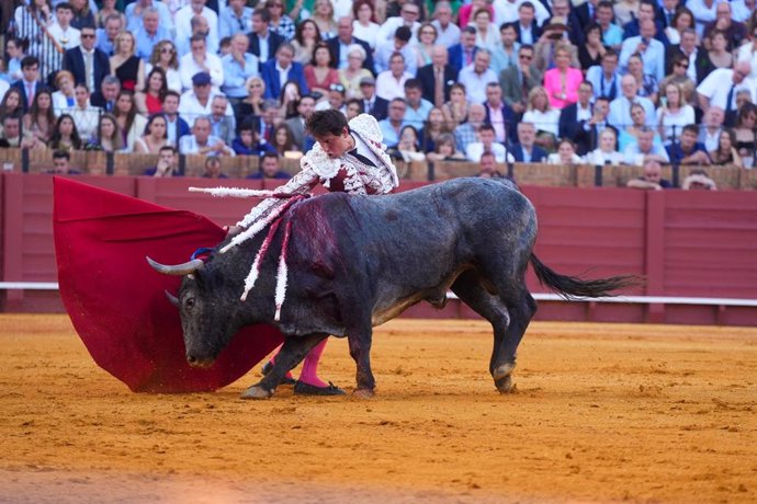 El torero,  Andrés Roca Rey  en una corrida de toros en la Real Maestranza de Caballería, en Sevilla, Andalucía