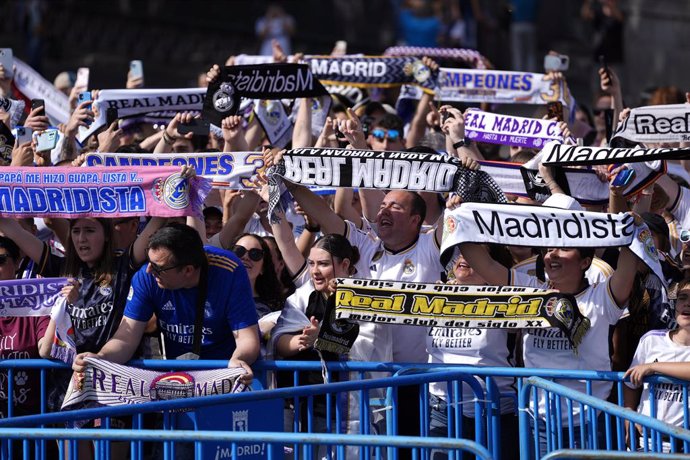 Supporters of Real Madrid are seen during the celebration of Real Madrid at Plaza de Cibeles for their 36th Championship Title of the Spanish League, LaLiga EA Sports, on May 12, 2024 in Madrid, Spain.