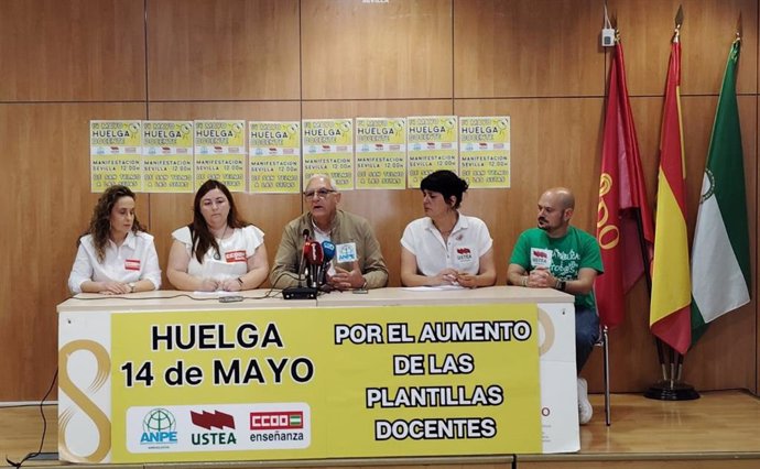 ANPE, Ustea y CCOO Andalucía, en la rueda de prensa en la que informaron sobre la huelga docente de este próximo 14 de mayo de 2024.