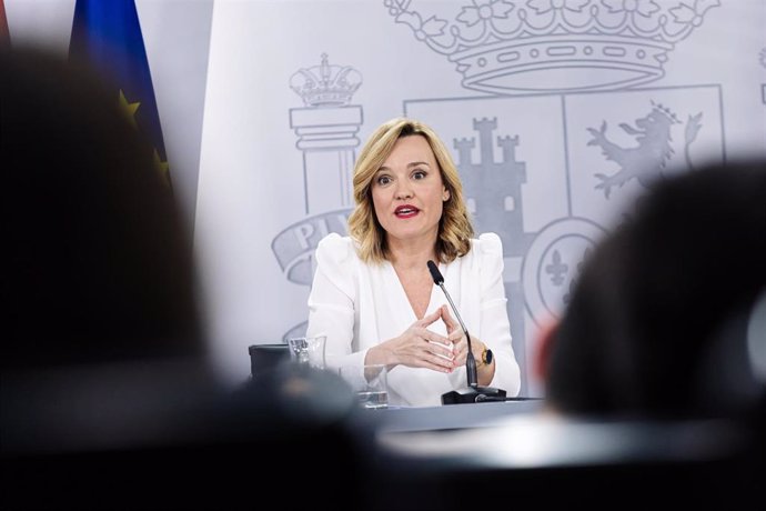 La ministra de Educación y Formación Profesional y Deportes, y portavoz del Gobierno, Pilar Alegría, durante una rueda de prensa posterior a la reunión del Consejo de Ministros, a 7 de mayo de 2024, en Madrid (España). Pilar Alegría ha destacado hoy la "f