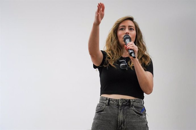 La coordinadora general de Podem País Valencià y portavoz de Podemos, María Teresa Pérez, durante la clausura del encuentro ‘Camí a Europa’, en La Rambleta, a 11 de mayo de 2024, en Valencia, Comunidad Valenciana (España). Se da la circunstancia de que ma