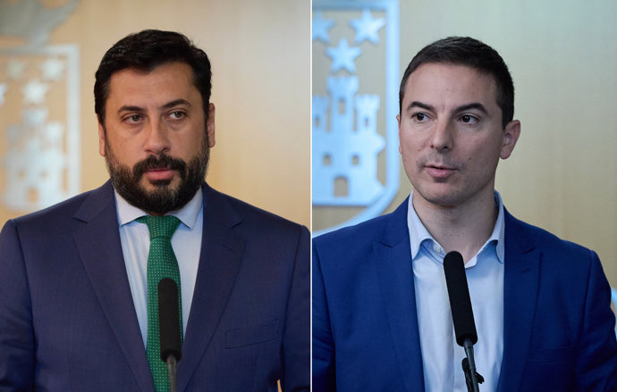 El portavoz del Partido Popular en la Asamblea de Madrid, Carlos Díaz-Pache y el secretario general del PSOE-M, Juan Lobato