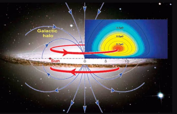 Los campos magnéticos en el halo de la Vía Láctea tienen una estructura toroidal, que se extiende en un radio de 6.000 a 50.000 años luz desde el centro de la galaxia. El Sol está a unos 30.000 años luz.