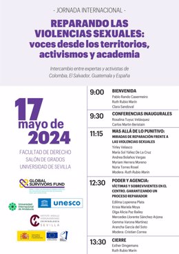 Cartel con la jornada organizada por la UNIA, el Fondo Global de Sobrevivientes y el Instituto Andaluz Interuniversitario de Criminología.