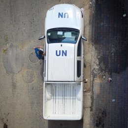September 22, 2020, Gaza, Jabalia camp, Palestine: A United Nations vehicle is seen on its way to Jabalia camp for food distribution..Palestinian workers along with the United Nations Relief and Works Agency for Palestinian Refugees (UNRWA), deliver food 