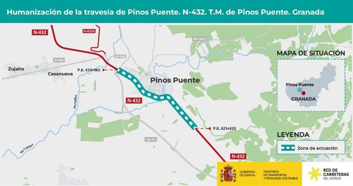 Plano del trazado para adecuar al paso de peatones y bicis la travesía de Pinos Puente en la N-432.