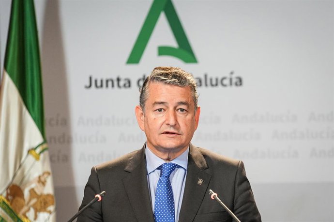 El consejero de la Presidencia, Antonio Sanz, este martes en la rueda de prensa posterior a la reunión del Consejo de Gobierno de la Junta de Andalucía. 