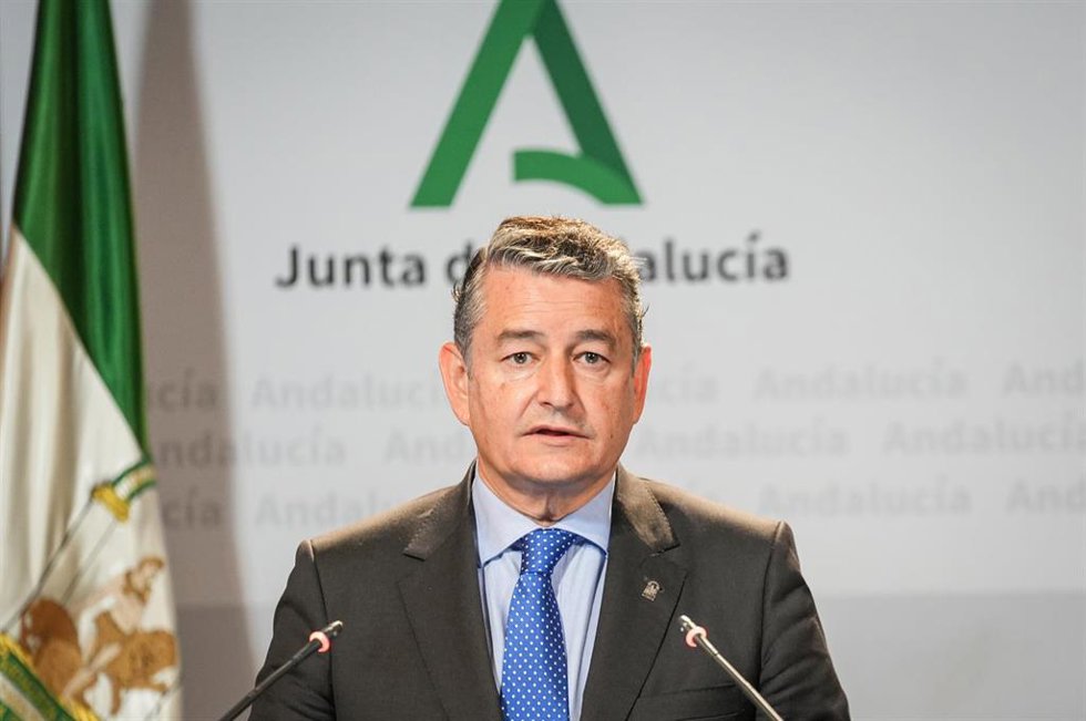 El consejero de la Presidencia, Antonio Sanz, este martes en la rueda de prensa posterior a la reunión del Consejo de Gobierno de la Junta de Andalucía.