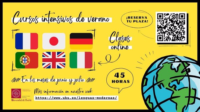 Cartel de la oferta de Cursos intensivos de verano 2024 de la Universidad de Huelva.