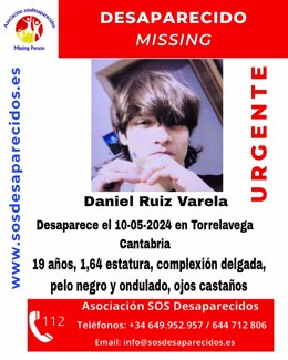 Cartel de alerta de SOS Desparecidos por un chico de Torrelavega de 19 años