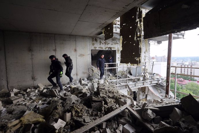 May 14, 2024, Kharkiv, Ukraine: KHARKIV, UKRAINE - MAY 14, 2024 - A multi-story residential building damaged by Russian shelling, Kharkiv, northeastern Ukraine