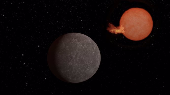 Representación artística del exoplaneta SPECULOOS-3 b orbitando una ardiente estrella roja que presenta una llamarada en su superficie