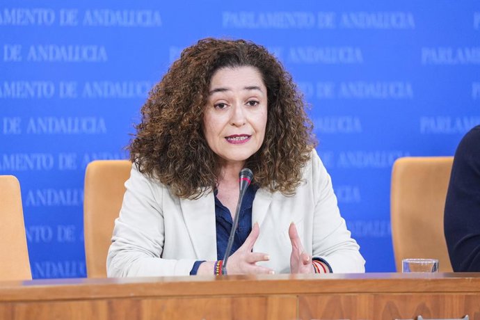 La portavoz del Grupo Por Andalucía, Inmaculada Nieto, durante la ronda de ruedas de prensa de portavoces de los grupos parlamentarios en el Parlamento de Andalucía, a 24 de abril de 2024 en Sevilla (Andalucía, España). Los portavoces de los grupos parl
