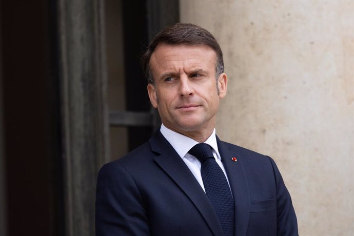 April 19, 2024, Paris, France, France: French President Emmanuel Macron waits for Lebanese Prime Minister s arrival before their meeting at the Elysee Palace.