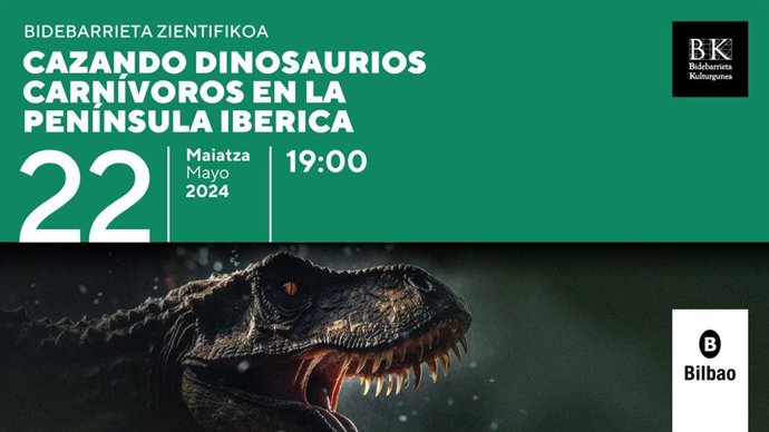 Cartel de la charla 'Cazando dinosaurios carnívoros en la península ibérica' en Bidebarrieta de Bilbao
