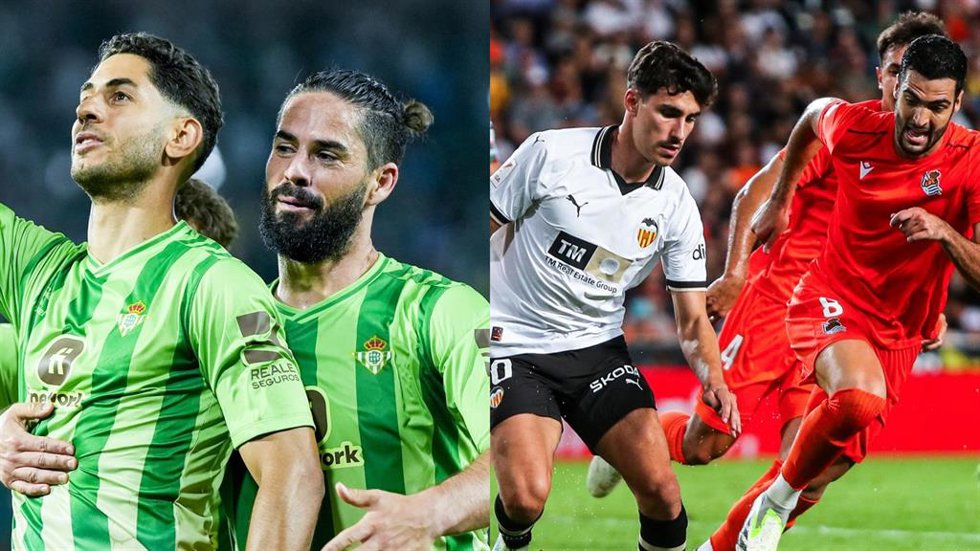 Los béticos Ayoze Pérez e Isco, y el valencianista André Almeida ante Mikel Merino (Real Sociedad).