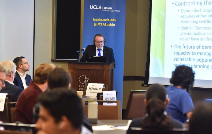 Prof. Helmut K. Anheier speaks on stage during the 2024 Berggruen Governance Index at UCLA Luskin on Wednesday, May 15, 2024, in Los Angeles. 