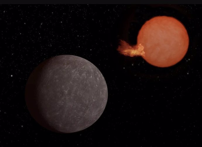 Concepto artístico del exoplaneta SPECULOOS-3 b orbitando su estrella enana roja. El planeta es tan grande como la Tierra, mientras que su estrella es un poco más grande que Júpiter, pero mucho más masiva.
