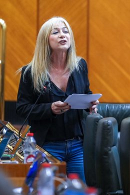 La consejera de Desarrollo Educativo y Formación Profesional de la Junta de Andalucía, Patricia del Pozo, en el Pleno del Parlamento andaluz del 16 de mayo de 2024.