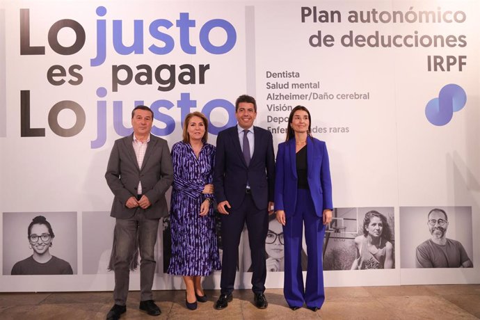 Archivo - Marciano Gómez, Susana Camarero, Carlos Mazón y Ruth Merino presentan la campaña de la Renta 2023