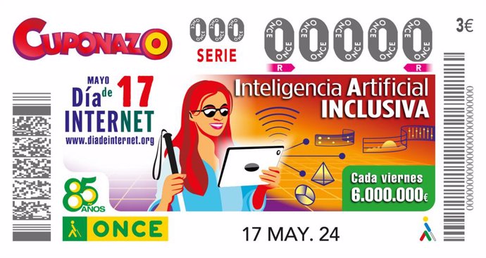 El cuponazo de la ONCE del Día Mundial de Internet, que se celebra cada 17 de mayo, para reivindicar una Inteligencia Artifical Inclusiva.