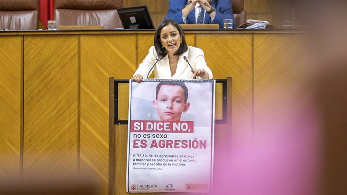 La parlamentaria autonómica de Vox Mercedes Rodríguez Tamayo despliega en el Parlamento el cartel sobre agresiones sexuales a menores con un mensaje erróneo retirado por el Ayuntamiento de Almería.