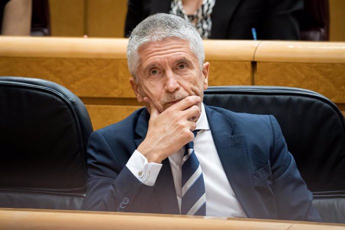 El ministro del Interior, Fernando Grande-Marlaska, durante una sesión de control, en el Senado, a 14 de mayo de 2024, en Madrid (España).  