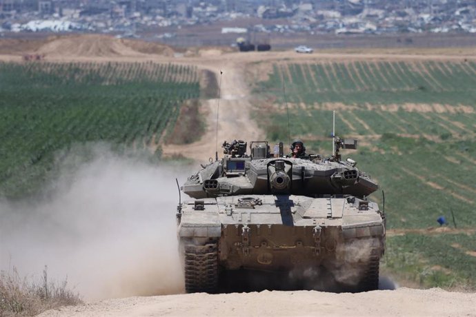 May 16, 2024, Gaza, Israel: An Israeli army battle tank moves near the border, amid the ongoing conflict between Israel and the militant group Hamas.