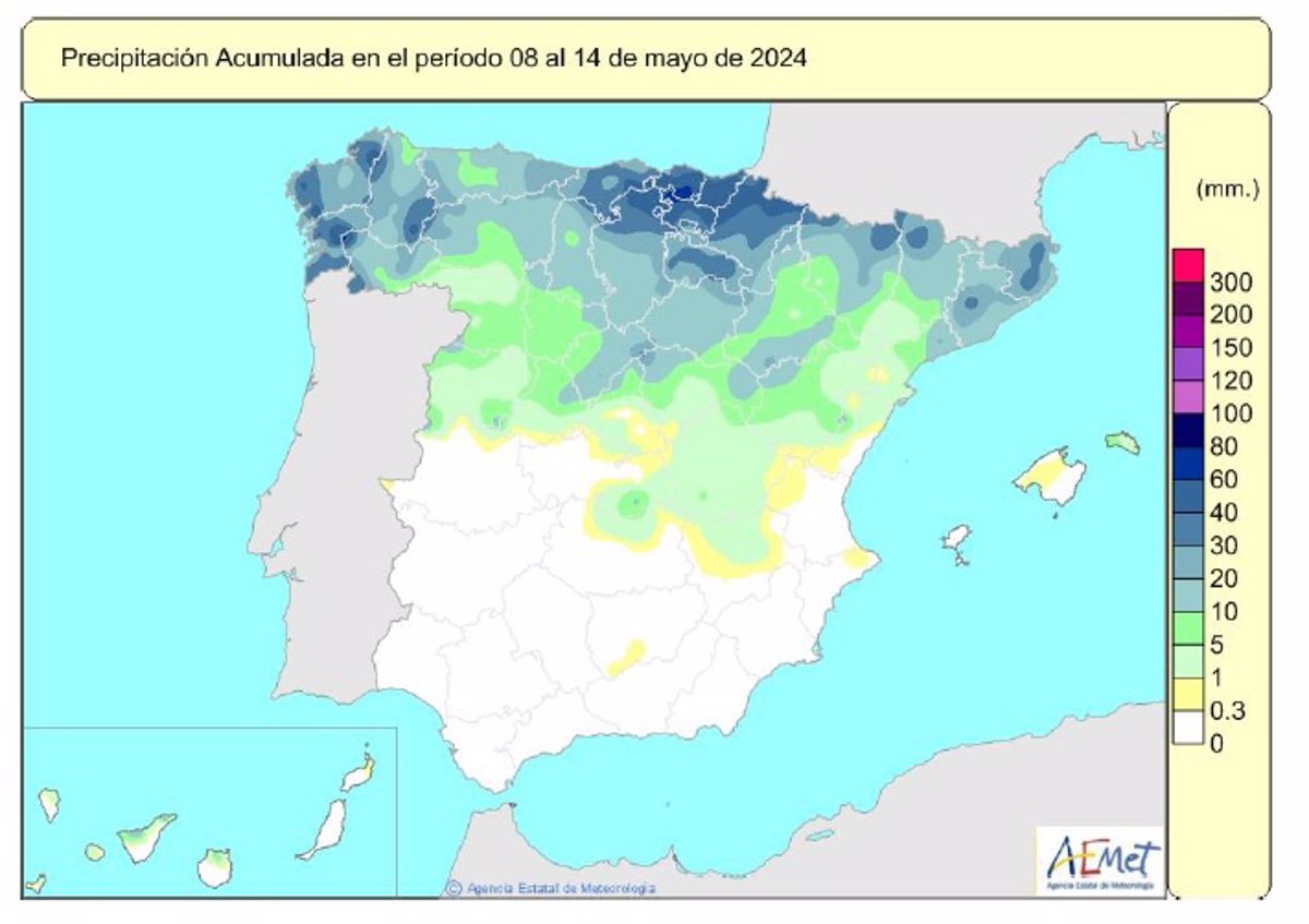 Las lluvias acumuladas desde octubre en España bajan un punto aunque se sitúan un 6% por encima de su valor normal