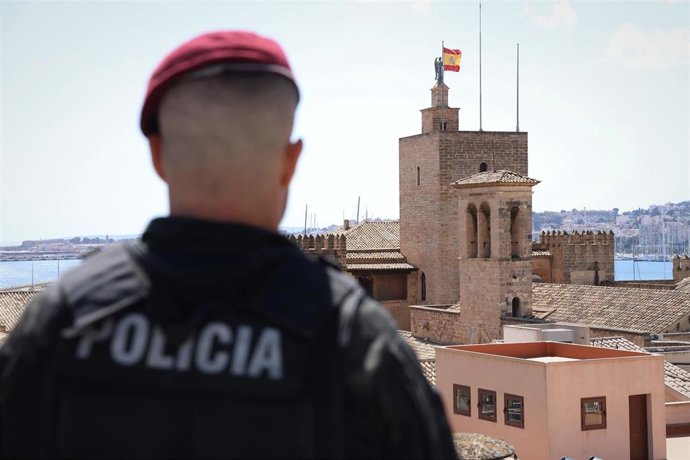 Agente de la Policía de espaldas mirando al Palacio de la Almudaina.