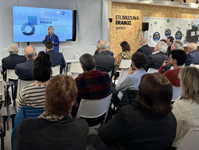 La diputada general de Gipuzkoa, Eider Mendoza, en la presentación de la nueva estrategia de Etorkizuna Eraikiz