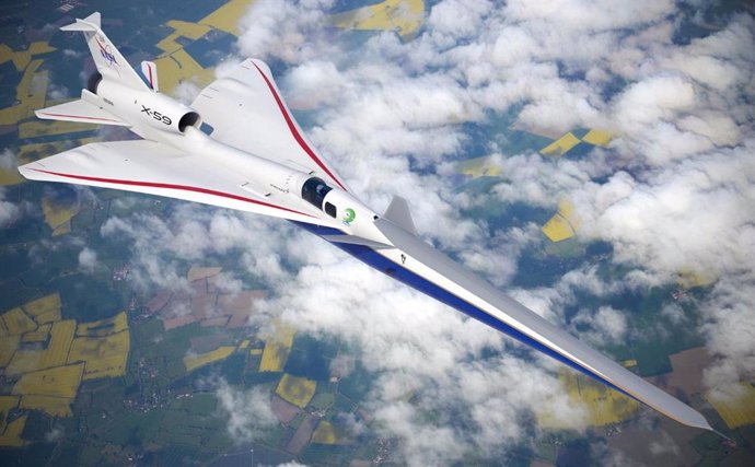 Ilustración artística del X-59 en vuelo sobre tierra.