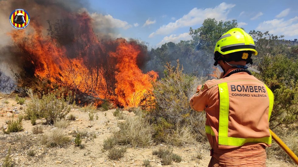 Dotaciones terrestres y aéreas movilizadas a un incendio forestal en un barranco en Torrent (Valencia)