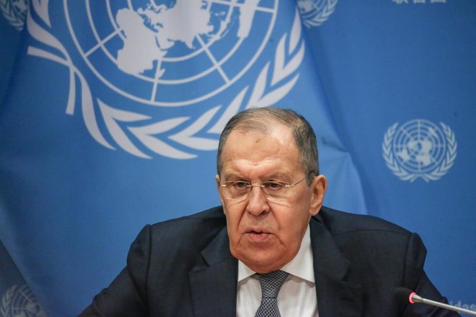 Archivo - January 24, 2024, New York, New York, USA: Russian Foreign Minister SERGEY LAVROV speaks to the press at the press briefing room in the UN HQ regarding the stance of the Russia Federation on both the War in Gaza and the War in Ukraine.