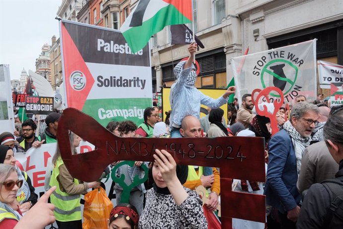 May 18, 2024, London, England, UK: The streets of London are set to host the Global Demonstration for Palestine, marking the 76th anniversary of Nakba Day. The demonstration calls attention to the ongoing plight of Palestinians and commemorates the day wh