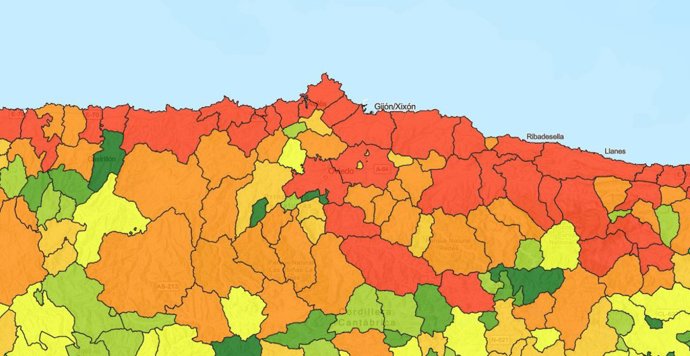 Mapa de mayor presencia de viviendas turísticas en Asturias, elaborado por el INE.