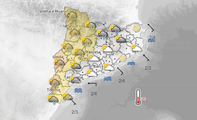 Predicción de precipitaciones del Meteocat para la tarde del 19 de mayo en Catalunya.