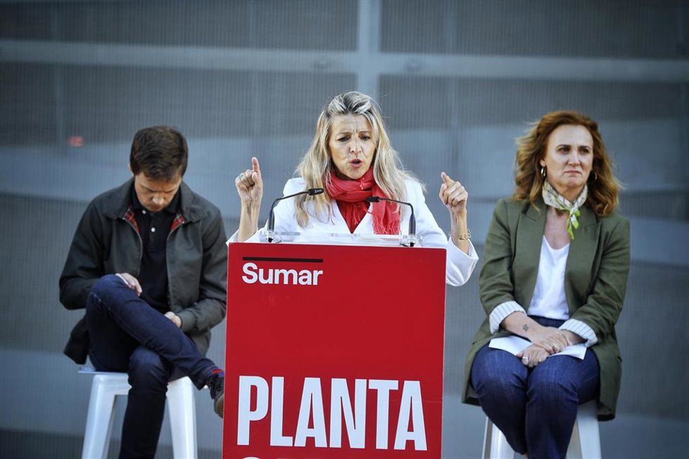 La vicepresidenta segunda del Gobierno y coordinadora general de Sumar, Yolanda Díaz, durante su intervención en el acto, a 17 de mayo de 2024, en Jerez, Cádiz (Andalucía, España). La vicepresidenta segunda del Gobierno y coordinadora general de Sumar, 