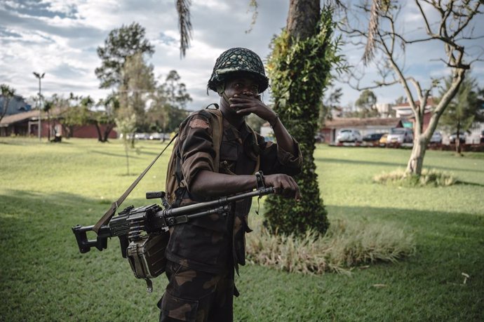 GOMA (DR CONGO), May 8, 2024  -- Photo taken on April 11, 2024 shows a soldier of the Congolese Army standing guard in Goma, North Kivu province, eastern Democratic Republic of the Congo (DRC). Plunged into conflict with armed rebels and overwhelmed by on