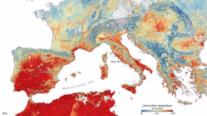 Archivo - July 14, 2023: This image uses data from the Copernicus Sentinel-3 mission's radiometer instrument and shows the land surface temperature across Europe and parts of northern Africa on the morning of 10 July 2023. Land surface temperatures hit 46