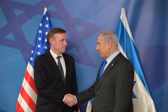 Archivo - Imagen de archivo del asesor de Seguridad Nacional de la Casa Blanca, Jake Sullivan, y el primer ministro de Israel, Benjamin Netanyahu