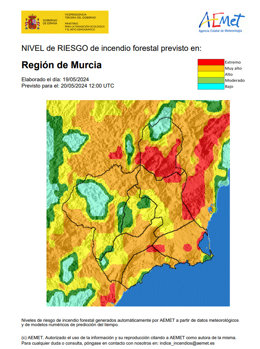 Mapa que muestra el nivel de riesgo de incendio forestal en la Región