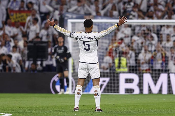 Jude Bellingham of Real Madrid celebrates a goal during the Spanish League, LaLiga EA Sports, football match played between Real Madrid and Deportivo Alaves at Santiago Bernabeu stadium on May 14, 2024, in Madrid, Spain.